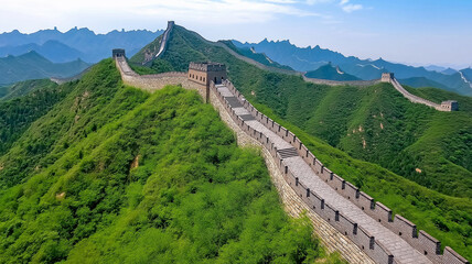 Naklejka premium stunning view of Great Wall of China, surrounded by lush green mountains and blue skies