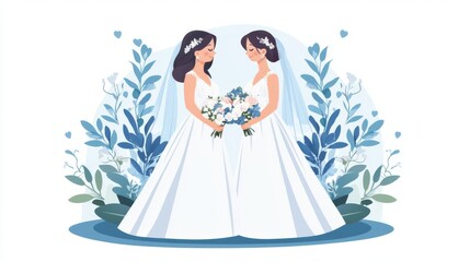 A beautiful illustration of two brides in white dresses, surrounded by floral elements, symbolizing love and unity.