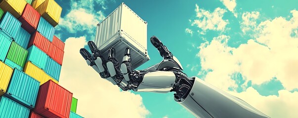 Robotic arm lifting a shipping container against a blue sky and stacked containers.