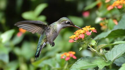 Obraz premium A vibrant hummingbird hovers mid-flight, its long beak extended as it feeds on nectar from a bright orange and yellow flower. The background is a blur of green foliage.