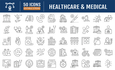 Healthcare and Medical Icons set. Hospital, patient, medicine, pharmacy, nurse, prescription,medical report and others. Vector line illustration
