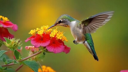 Fototapeta premium A hummingbird in mid-flight, feeding on nectar from a pink and yellow flower.