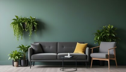A modern living room with a green wall, a gray sofa, and a small black table with a potted plant on it.