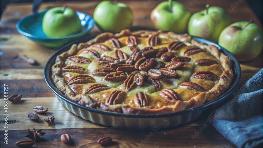 Poster a delicious apple pie with a flaky crust topped with pecans, ready to be served.