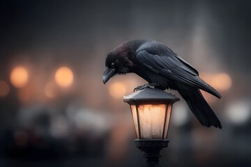 Fototapeta premium Elegant Raven Poised on Lantern Post