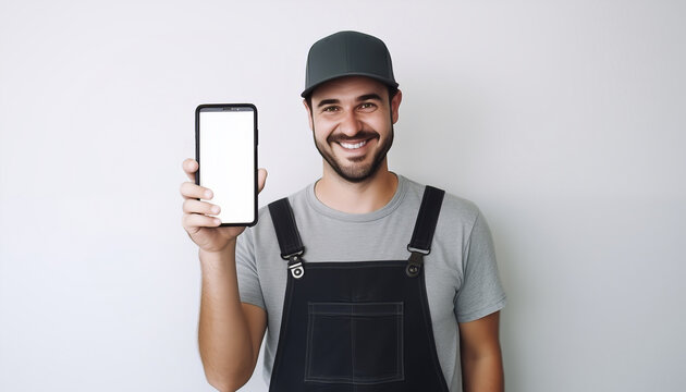 Cheerful worker in uniform holding a smartphone with blank screen, perfect for service or app concepts.