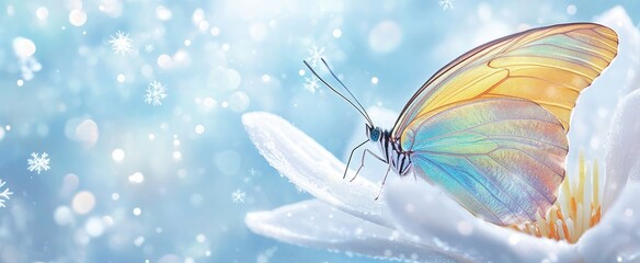 A close-up of an iridescent butterfly perched on the center stamen of a delicate white flower, with a blue background adorned by sparkling snowflakes
