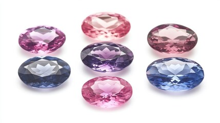 Collection of round and oval spinel gemstones with colorful sparkle on a white background