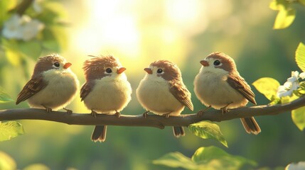 Fototapeta premium Four Charming Birds on a Branch in Soft Light