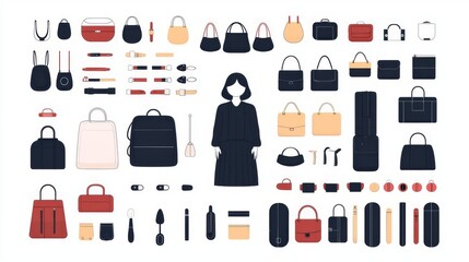 A stylish collection of handbags and accessories in various colors and designs, perfect for fashion enthusiasts and shoppers.