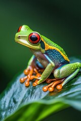 Fototapeta premium Green Tree Frog on Leaf, Perched and Alert, Bright Colors Against Plant Background.
