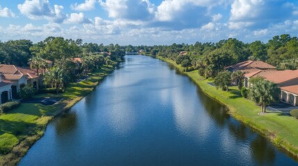 Obraz premium Aerial view of a canal running through a residential neighborhood with lush green trees, grass, and blue sky with clouds.