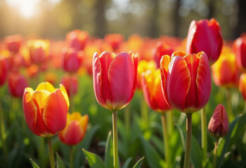 Fototapeta premium Bright tulips in full bloom under the golden sunlight during an Easter celebration in the park