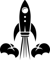 Minimalist illustration of rocket taking off with smoke trail passing through the clouds. Image that refers to growth, evolution, increase, enrichment