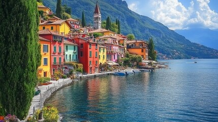 Colorful houses line the shore of a calm lake with mountains in the background.