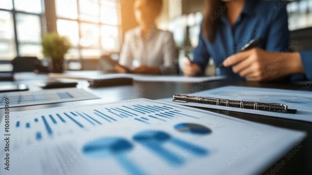 Poster close-up of a businesswoman's hand writing on a document with graphs and charts, with a colleague in