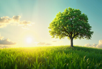 Fototapeta premium A serene Easter morning with sunlight illuminating a solitary tree amid lush green grass