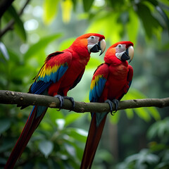 "Vibrant Scarlet Macaws in the Wild &ndash; Stunning Red, Blue, and Yellow Parrots Perched in Tropical Forest"
