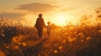 Fototapeta premium Silhouettes of an adult and a child walking in a field at sunset.