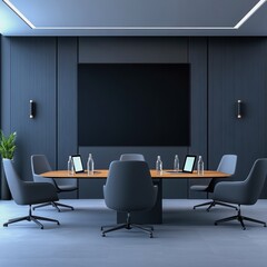 Modern Conference Room with Minimalist Design and Flat-Screen Display