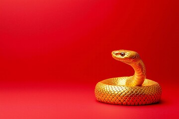 Fototapeta premium A gold colored snake is laying on a red background. The snake is curled up