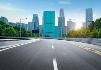 Obraz premium Dynamically blurred highways and the skyline of Hangzhou, China