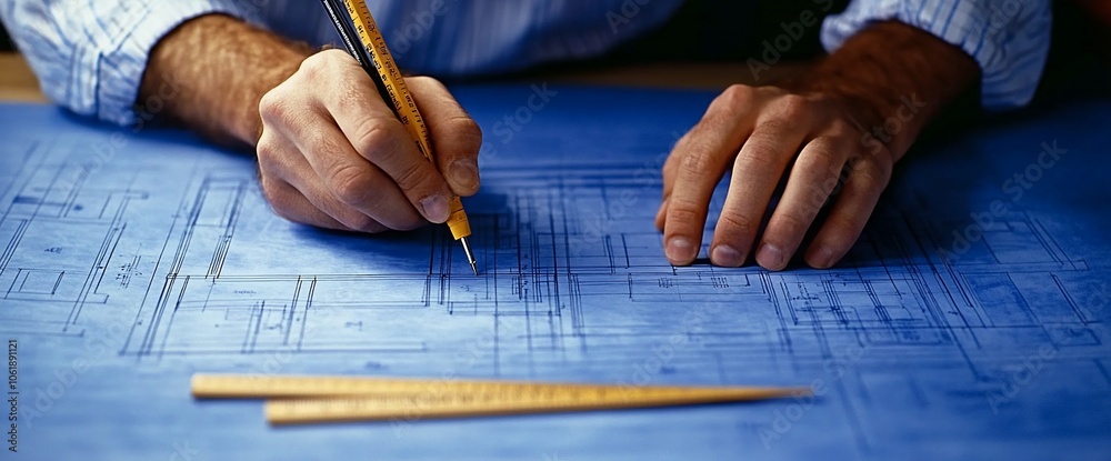 Poster close-up of a hand drawing on a blueprint with a pencil.