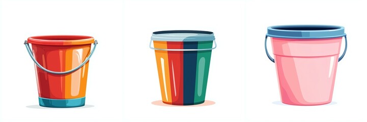 Colorful illustrated buckets with handles on a white isolate background.