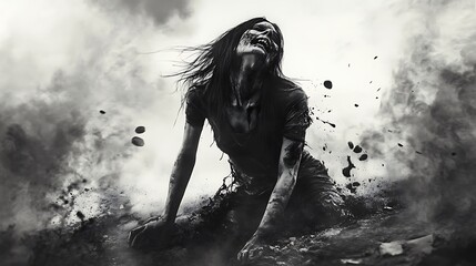 Bone-chilling black and white art of ghostly female zombie