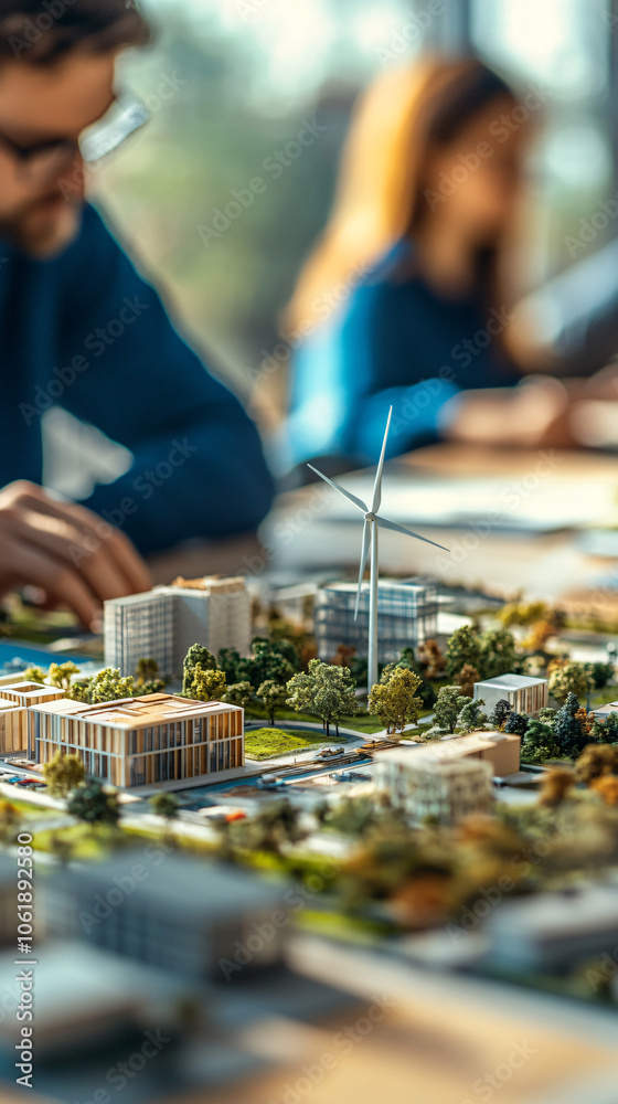 Poster architects in the background examining a scale model of a sustainable city with wind turbines