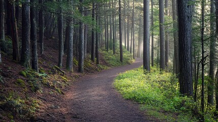 Fototapeta premium Curved trail in serene misty forest with sun rays