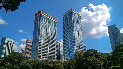 Fototapeta premium Two modern office buildings with glass facades against a blue sky with white clouds.