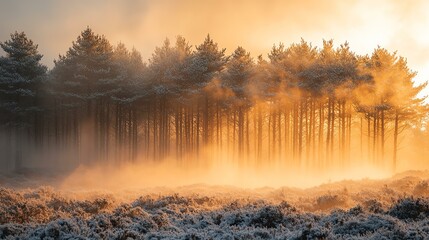 Misty sunrise over frosty forest with warm golden light illuminating trees.