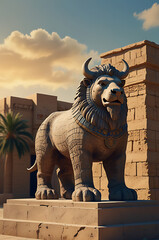 Naklejka premium A grand Assyrian winged bull statue, Lamassu, standing guard at the gates of a Mesopotamian city, symbolizing strength and protection.