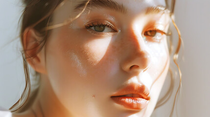eurasian beauty campaign, eurasian model showcasing subtle double eyelids, high nose bridge, soft smile, milky skin, and clean makeup in commercial photography