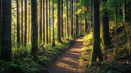 Fototapeta premium Sunlight piercing forest, illuminating serene trail