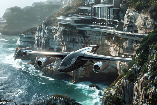 futuristic luxury aircraft, silver and dark bronze vtol hovers elegantly over a futuristic villa on a cliff, with waves crashing below, against a rocky coastline