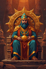 Obraz premium The god Shamash, holding a radiant sun disc, seated on a throne with worshipers around, embodying the principles of justice and law.