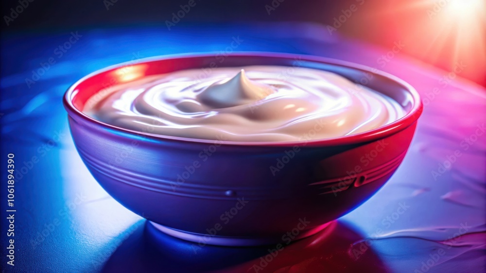 Aufkleber a bowl of creamy white yogurt illuminated by vibrant blue and pink lighting, creating a visually app