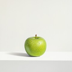 Fresh green apple with water droplets on a plain background