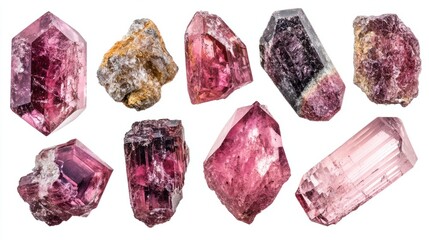 Elegant assortment of spinel gems in different hues and shapes, isolated on a white background