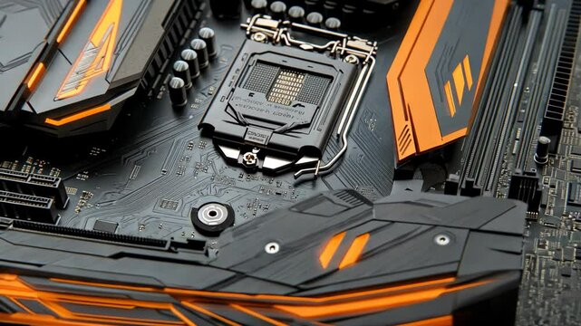 A close-up of a black and orange computer motherboard with a CPU socket