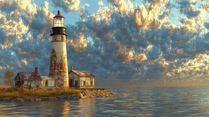 Coastal Lighthouse Over Calm Waters at Sunset