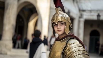 Obraz premium A young boy in shining armor and a sturdy helmet gazes at the camera