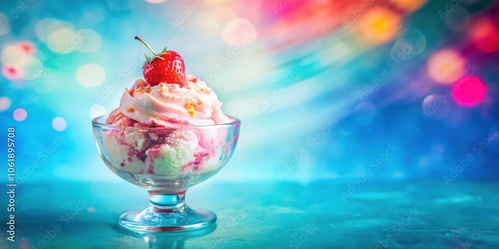 Poster a single serving of strawberry ice cream with whipped cream and sprinkles, displayed in a clear glas