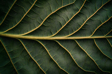 Closeup macro of exotic sage green tropical jungle leaf with veins texture , stylized earthy moody natural background with copy space
