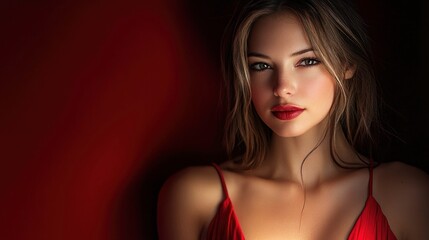 Fototapeta premium Elegant Woman in Red Dress Against Dramatic Red Background. Portrait of a woman in a striking red dress, exuding elegance and allure against a vivid red backdrop. 