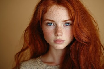 Fototapeta premium Beautiful girl with long, red hair in a beautiful hairstyle on a colorful background.