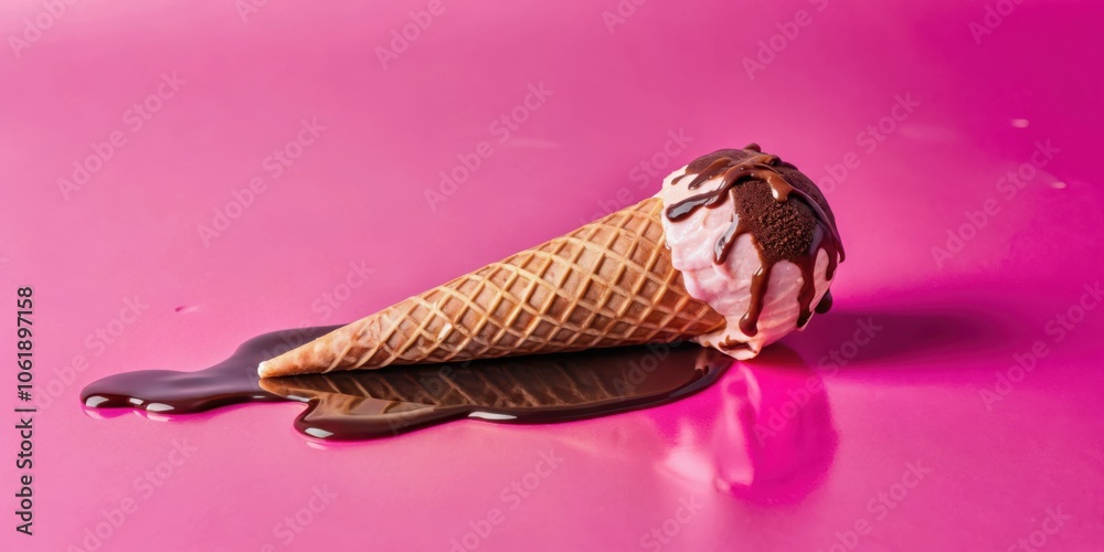 Aufkleber a single scoop of pink ice cream with a chocolate drizzle, melting in a waffle cone on a vibrant pin