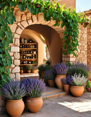 product display background warm terracotta, rustic Mediterranean courtyard, Ivy-covered stone walls and clay pots filled with vibrant flowers line the area golden sunlight, grapevines, lavender